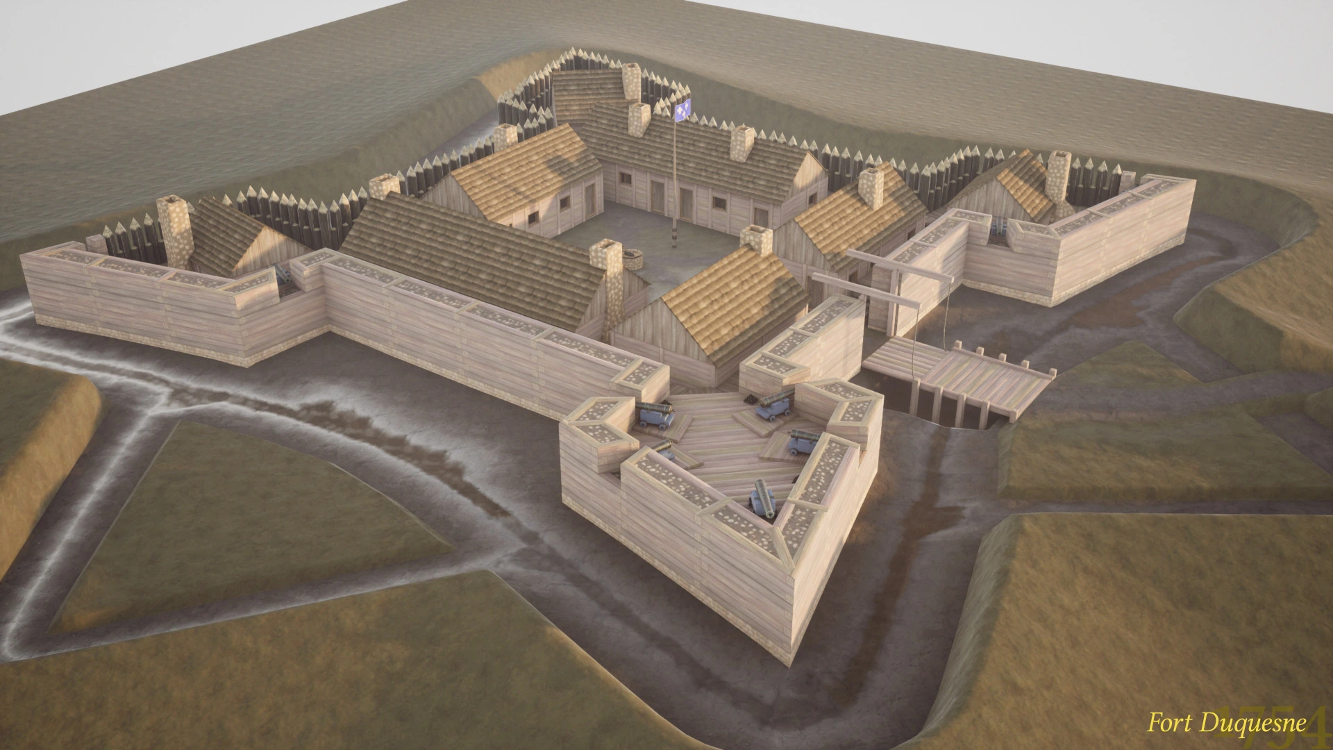 An aerial view of the star-shaped Fort Duquesne, a wooden fort, with a pentagonal bastion in the foreground. The fort has a shallow moat and several log cabins inside its walls.