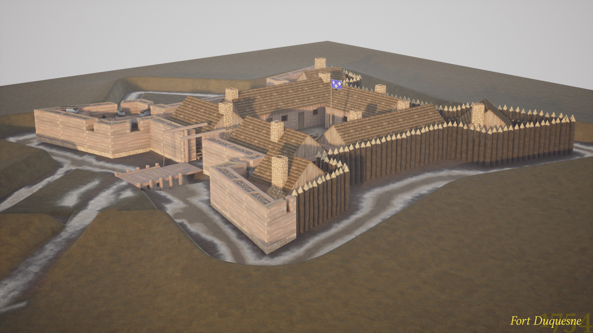 A 3D model of a wooden fort named Fort Duquesne. The fort is star-shaped with a pentagonal bastion in the foreground. The fort has a moat and log cabins inside its walls. There is a flagpole flying the flag of New France in the central parade.