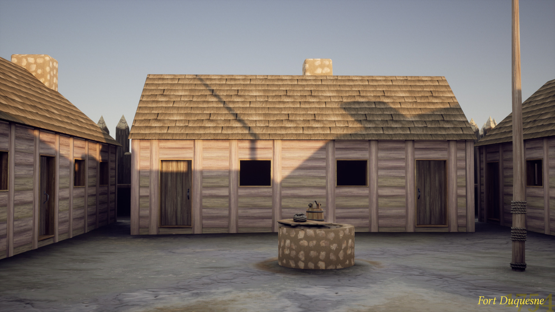 A 3D model of the interior courtyard of Fort Duquesne, a star-shaped wooden fort. A central well sits in the center of the courtyard.