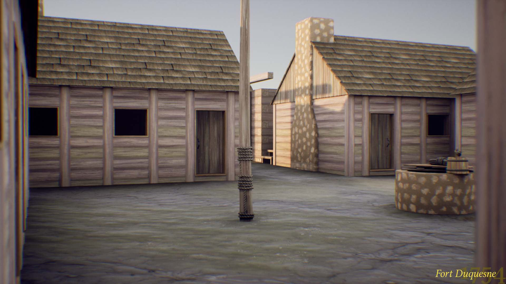 A 3D model of the interior courtyard (parade ground) of Fort Duquesne, a star-shaped wooden fort. Wooden buildings encircle the courtyard, with a clear view towards the fort's main gate in the distance. A central well sits in the right foreground.