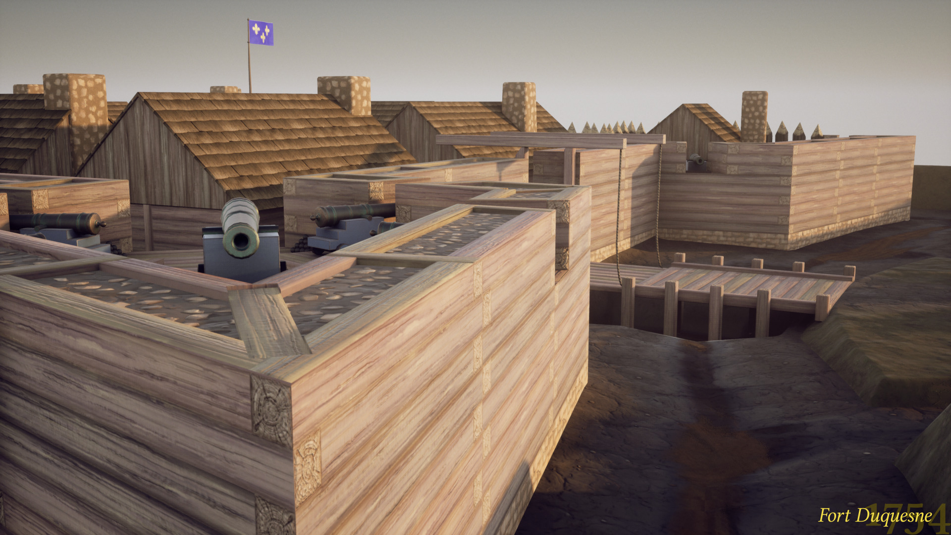 A 3D model of the front view of Fort Duquesne, a wooden fort with a star-shaped design. The fort has a pentagonal bastion in the foreground, with a lookout opening and a French flag flying on a flagpole. Cannons are visible through openings in the wooden walls of the bastion. The fort's main gate is set back from the bastion and has a lowered drawbridge.