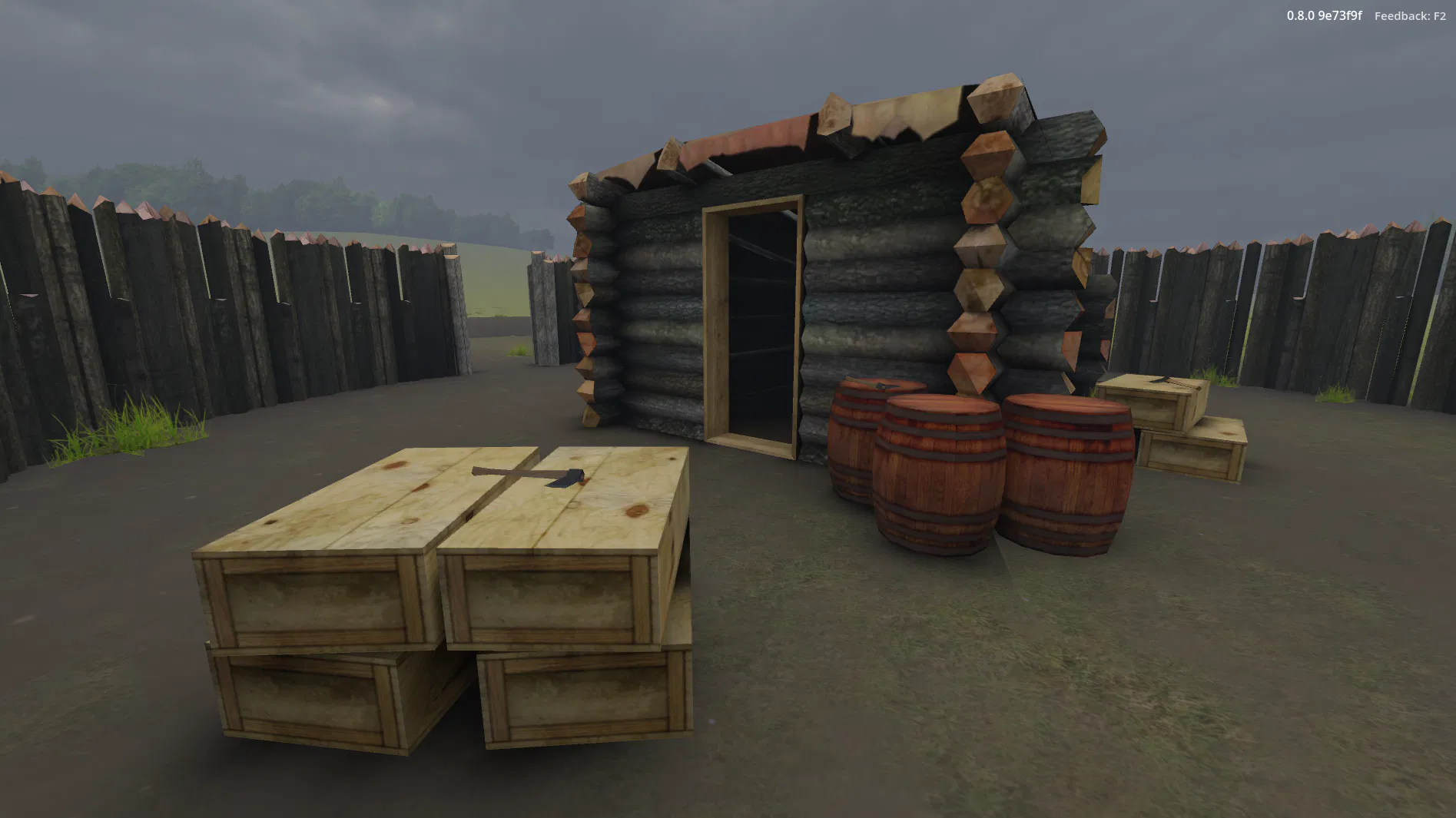 An interior view of the stockade, showing the storehouse, stacked supply crates, and barrels.